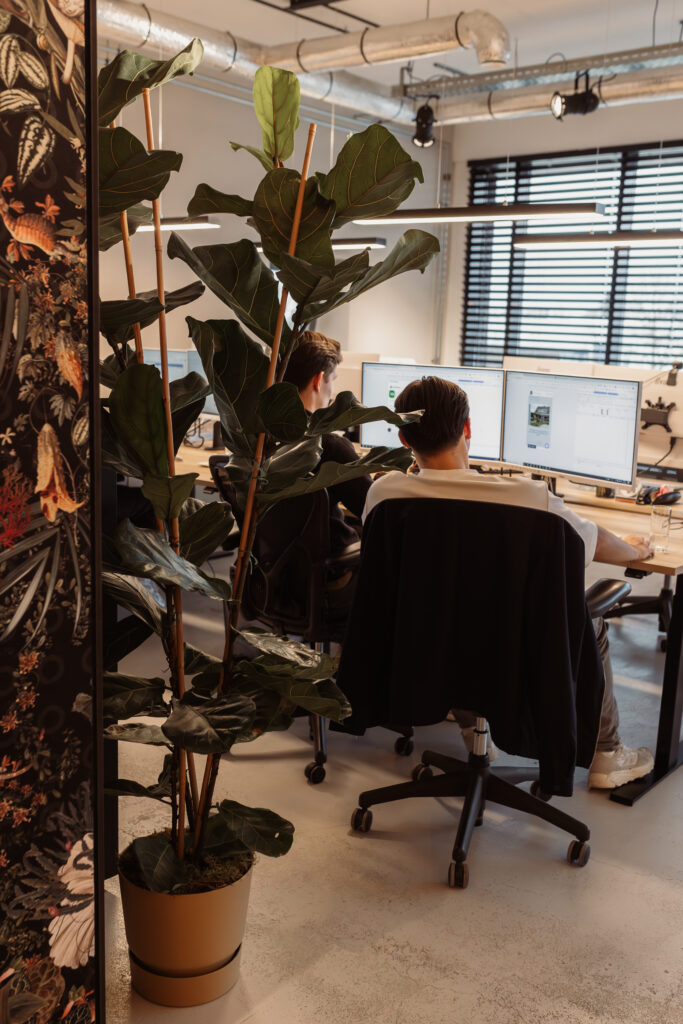 Mick en Tom online marketeers werken achter beeldscherm.